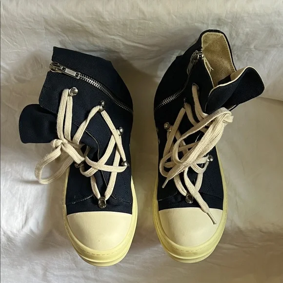 Rick Owens Navy and Cream High-Top Sneakers